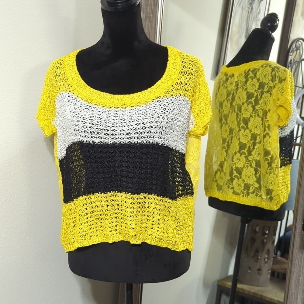 36 Point 5 Black and Yellow Colored Short Sleeve Open Knit Sweater NWOT